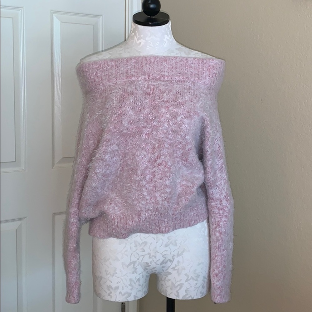 CLOSET SALE — Express OFF SHOULDER Light Pink Fuzzy Soft Sweater